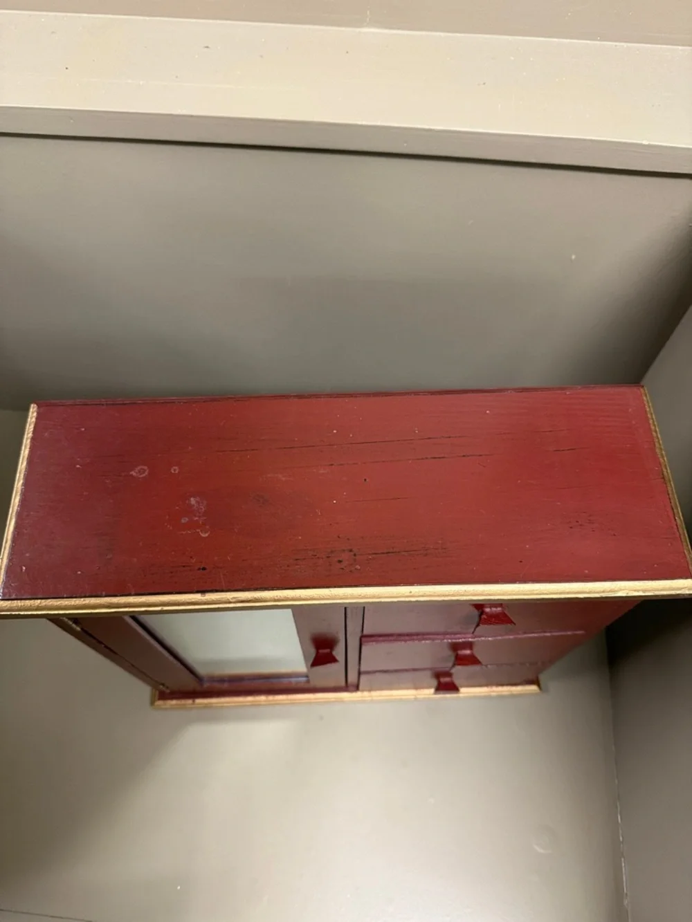 Reddish & Gold Wooden Jewelry Cabinet with Mirror & 3 Drawers. 12” x 13” x 5”